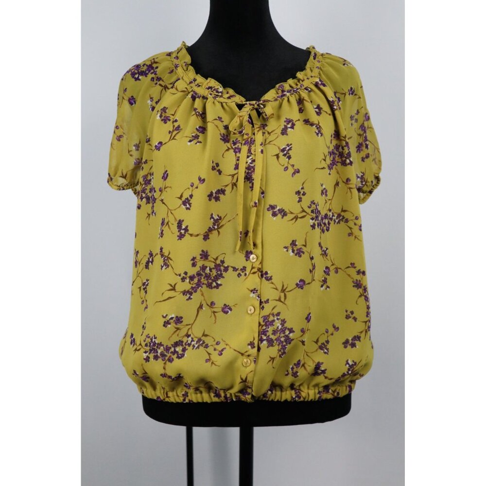 APT9 Mustard -purple Floral with Button Front & Elastic Hem Size PL